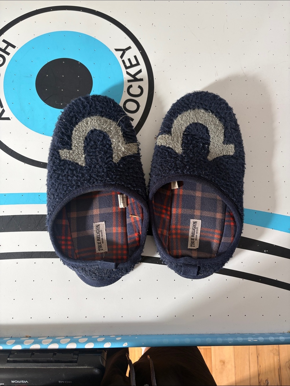 True Religion Navy Plush Logo Slip-On Slippers
